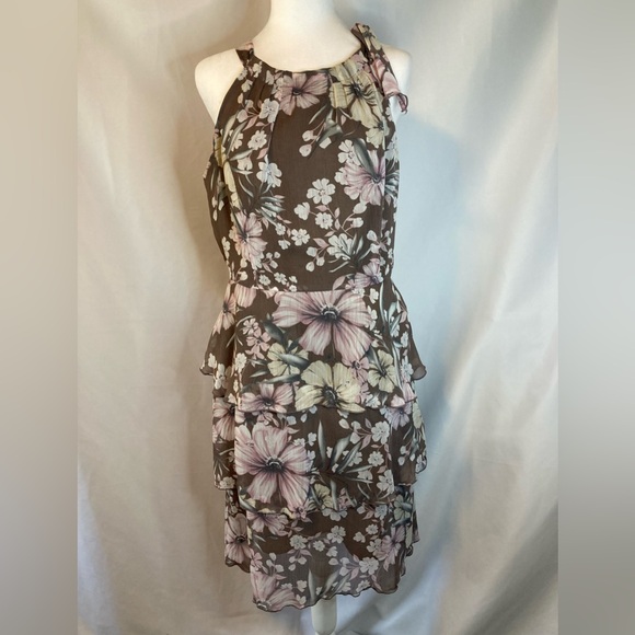 Aa Studio Dresses & Skirts - AA STUDIO AA Dress 12 Brown Pink Floral Ruffle Side Zipper Sleeveless